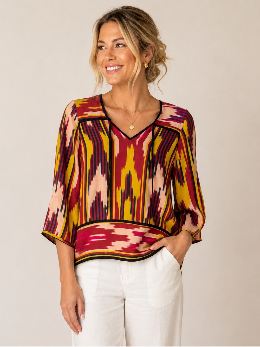 Lauren Moffatt 100% Silk Ikat Print Blouse Size Small Colorful Boho Designer Top
